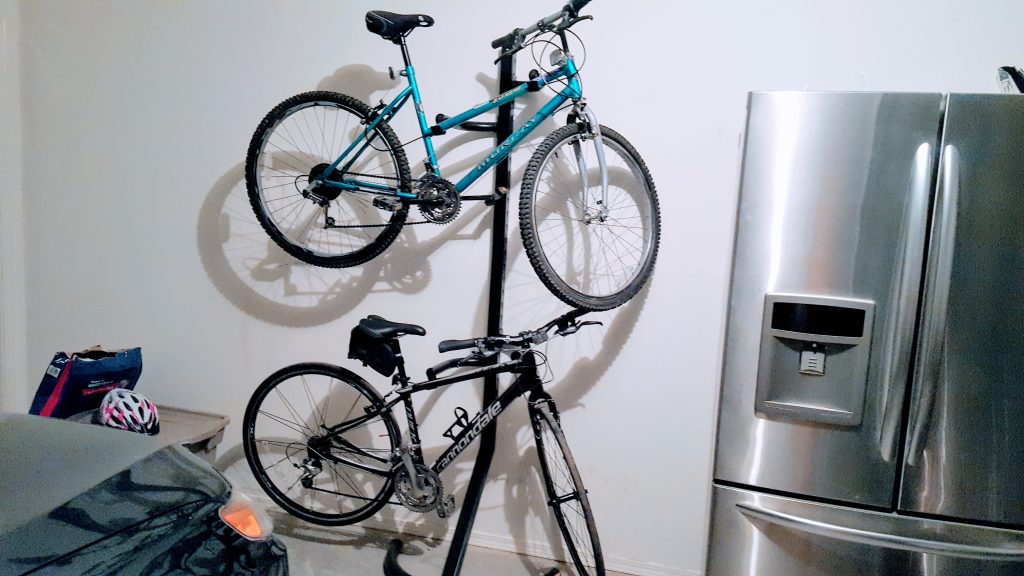 Teal and the Cannondale perched on their rack.